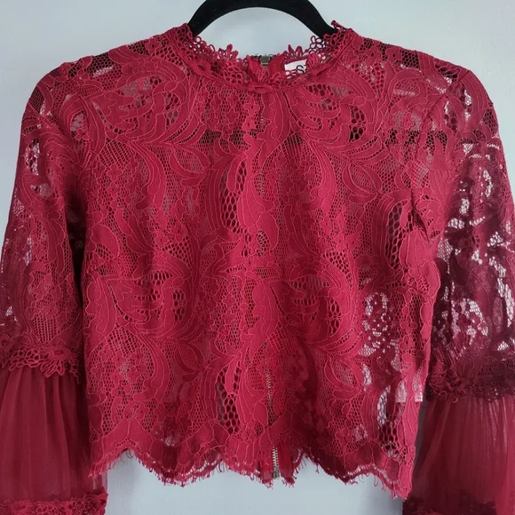 SEEK The Label red lace bell sleeves crop top - Picture 2 of 5